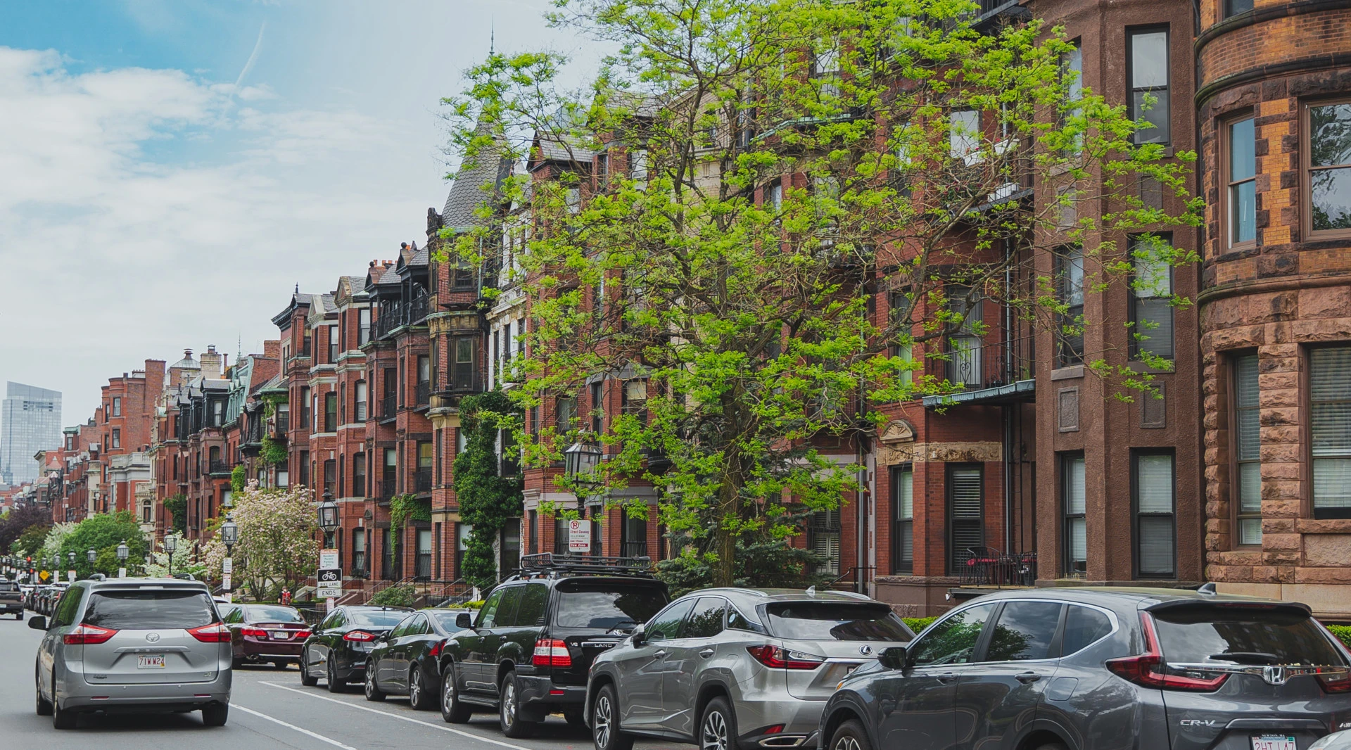 Brick row houses on a tree-lined street